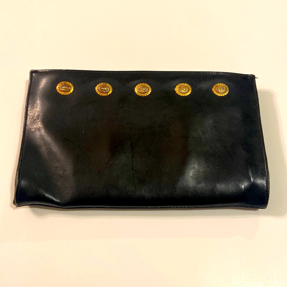 Vintage Leather Black clutch purse with gold buttons!!